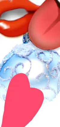 This phone live wallpaper features vibrant colorful glossy lips sending kisses while close to a heart shape, complemented by a festive balloon and ornaments design set against a snowy white backdrop