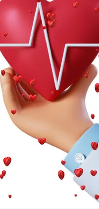 This mobile live wallpaper showcases a lifelike 3D-rendered hand holding a vivid red heart embellished with a cardiogram pattern