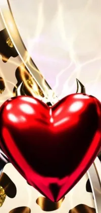 This phone live wallpaper showcases a striking red heart on a sleek metal pole in a devil versus angel theme