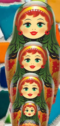 This phone live wallpaper showcases a captivating scene with a group of colorful matryoshka dolls sitting atop a table