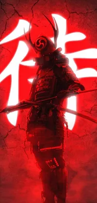 This stunning phone live wallpaper features a bold and powerful samurai standing confidently in front of a striking red background
