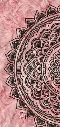 Decorate your phone with a stunningly intricate live wallpaper featuring a black and white flower surrounded by a combination of pink fur and an intricate tapestry pattern on a mandala background