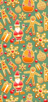 This phone live wallpaper showcases a vibrant Christmas pattern set on a green background