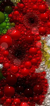 This phone live wallpaper features a mesmerizing scene of vibrant balls arranged on a table, designed with the technique of pointillism