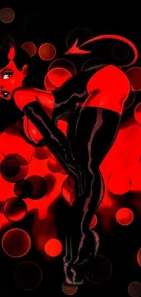 This phone live wallpaper features a stunning digital art depiction of a devil costume, designed in a pin-up girl style with black and red lava-like patterns