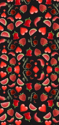 This live phone wallpaper boasts a lively pattern of watermelon and strawberries on a sleek black backdrop