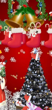 This Christmas live wallpaper boasts a red and white background with snowflakes, illustration of Santa Claus and his sleigh riding through a snowy scene