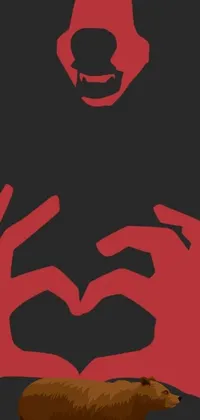 This phone live wallpaper features a bear forming a heart with its hands over a red and black album cover inspired by deviantart