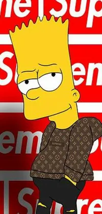 This live phone wallpaper showcases a cartoon version of Bart Simpson against an eye-catching red backdrop