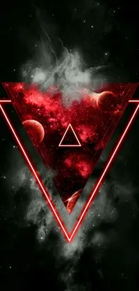This phone live wallpaper features a mesmerizing aetherpunk airbrush digital art with a red light in the middle of a triangle shape amid a liquified metallic colors abstract geometric design, that creates a futuristic and edgy vibe