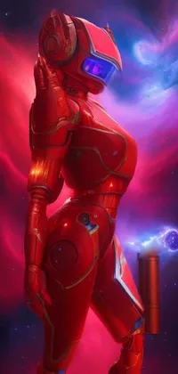 This captivating Live Wallpaper showcases a red robot in front of a mesmerizing space scene featuring stars and galaxies