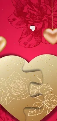 This phone live wallpaper showcases a gorgeous golden heart adorned with roses and additional hearts dangling from it