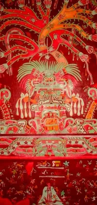 Introducing a phenomenal phone live wallpaper featuring a splendid red box adorned with an ultrafine detailed painting inspired by ancient Aztec/Mexican culture and psychedelic art with references to the mythological city of Tenochtitlan