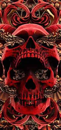 This phone live wallpaper showcases a red skull in close up against a black background