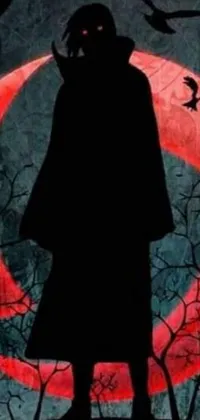 This gothic-inspired live wallpaper features a dark hooded figure standing in front of a red full moon