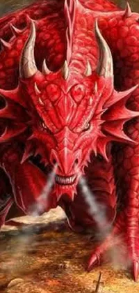 This live phone wallpaper showcases a fierce red dragon sitting on a dirt field with intricate armor