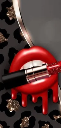 This phone live wallpaper features a close-up of a glossy and drippy lipstick on a leopard print background