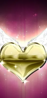 This stunning phone live wallpaper features a golden heart with angel wings set on a soft pink background