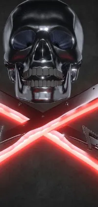 Looking for an edgy and intense wallpaper that will make your phone screen stand out? Check out our latest phone live wallpaper, featuring two swords crossed in front of a menacing metal skull with red eyes, set against a digital rendering inspired by new wave of British heavy metal