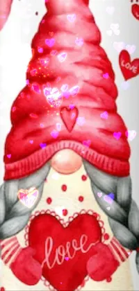 This live phone wallpaper portrays a delightful watercolor painting of a gnome holding a heart, characterised by intricacy and beautiful use of textures and colours