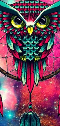 This live phone wallpaper depicts an owl perched on a dream catcher with a mesmerizing psychedelic background in shades of mauve, cinnabar and cyan
