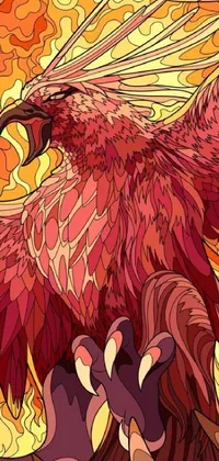 This phone live wallpaper features a stunning bird in vector art form, with a fiery mane and wings spread wide as it soars through the sky amidst a tornado of flames