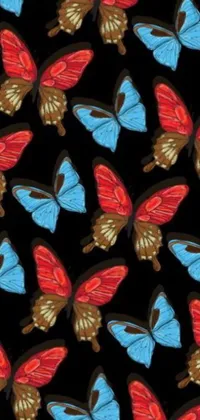 This live phone wallpaper features a vector art design of colorful butterflies on a black background