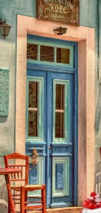 This charming phone live wallpaper showcases a serene scene featuring wooden chairs in front of a blue door