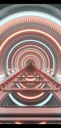 This phone live wallpaper uses a digital rendering of a futuristic tunnel with red and white lights and a biomechanical railroad