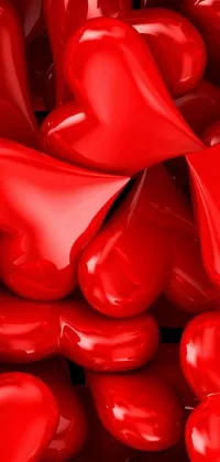 This lively and colorful phone live wallpaper features a cheerful pile of shiny red hearts