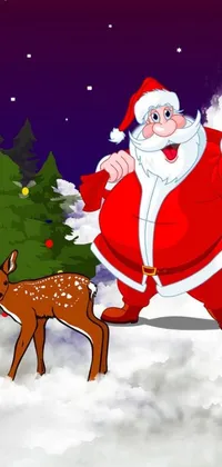 Get in the Christmas spirit with this phone live wallpaper featuring a colorful cartoon Santa Claus and deer in snowy wonderland