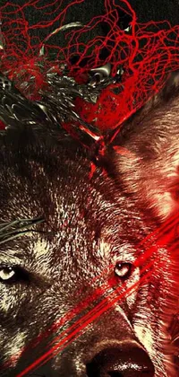 This digital live wallpaper features a dramatic close-up of a wolf set against a vibrant red background