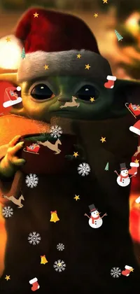 This charming phone live wallpaper features Baby Yoda wearing a Santa hat and holding a cup of hot chocolate