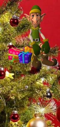 Bring the festive spirit to your phone with this charming live wallpaper! Watch as a mischievous elf perches atop a Christmas tree decorated with playful ornaments