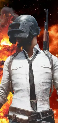 Looking for an electrifying live wallpaper for your phone? Look no further than this stunning imagery featuring a man in a white shirt and tie holding a gun against a dramatic burning battlefield background