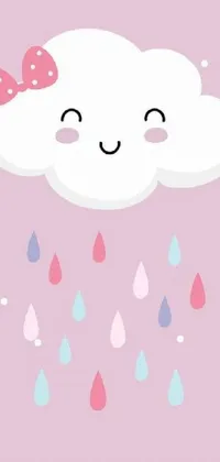 Looking for a cute and cozy phone live wallpaper? Then check out this cloud and raindrops vector art design! With a happy face and pink bow, this minimalistic wallpaper exudes warmth and comfort