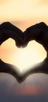 This phone live wallpaper showcases a heart shape made with hands against a picturesque backdrop of a sunrise
