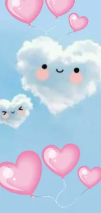 This phone live wallpaper features heart-shaped balloons floating in a serene blue sky