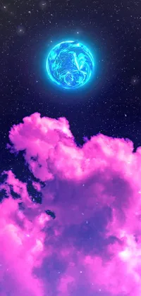 This phone live wallpaper features a striking hot pink and cyan digital art image of a planet in the sky with moonlit clouds in the background, perfect for the latest iPhone 15