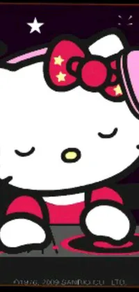 This phone live wallpaper features an animated Hello Kitty wearing colorful star-patterned headphones against a night time background with sparkling stars