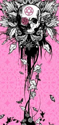This live phone wallpaper features a gothic-style design of a skull with intricate details, surrounded by delicate flowers
