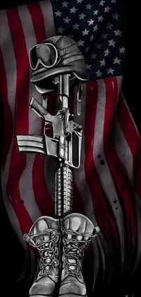 This phone live wallpaper showcases a pair of boots sitting on top of an American flag and holding an AR-15 rifle