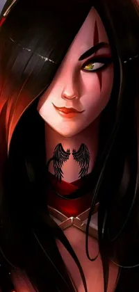 This dark phone live wallpaper features a close-up portrait of a fierce woman with long black hair and glowing runes etched on her skin