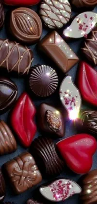 This live wallpaper features a delectable selection of chocolates arranged tastefully atop a table