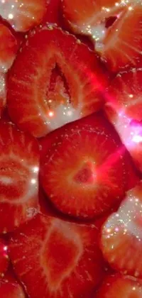This live wallpaper for your phone showcases a captivating image of sliced strawberries arranged in a neat pile, seen up-close to reveal its juicy texture and radiant red hues