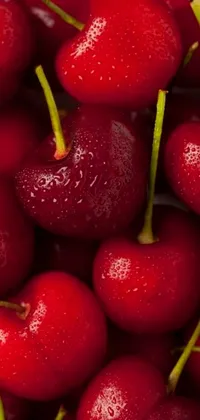 This stunning phone live wallpaper features a close up of cherries in vivid red tones, inspired by nature