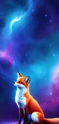 This stunning live wallpaper features a red and purple galaxy sky background with a miniature fox sitting on top of a rock