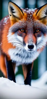 This live wallpaper depicts a striking image of a red fox in the snowy wilderness