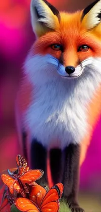 This stunning phone wallpaper features a vivid, close-up photo of a fox standing atop a lush green field in nature