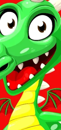 This live cartoon wallpaper features a vibrant green dragon surrounded by a red background